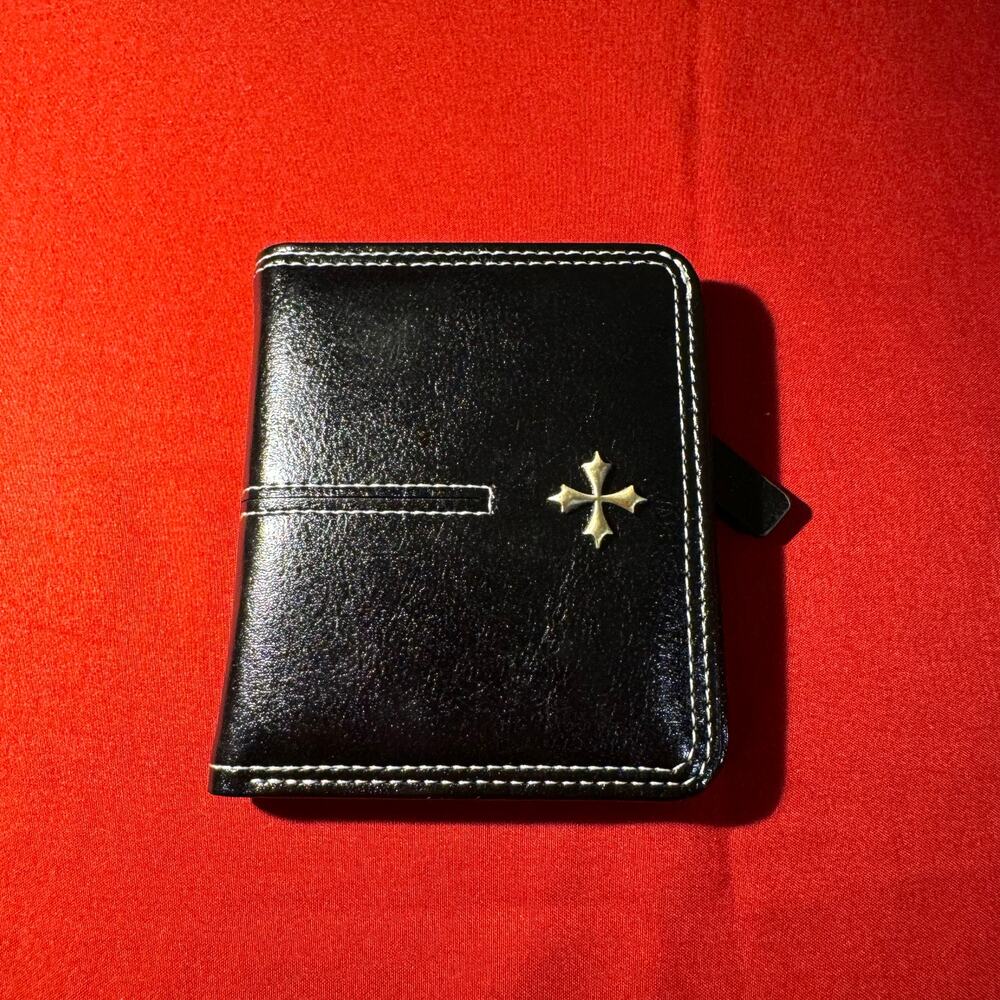 Black Leather Bi-Fold Wallet with Silver Cross Accent – Multiple Card Slots